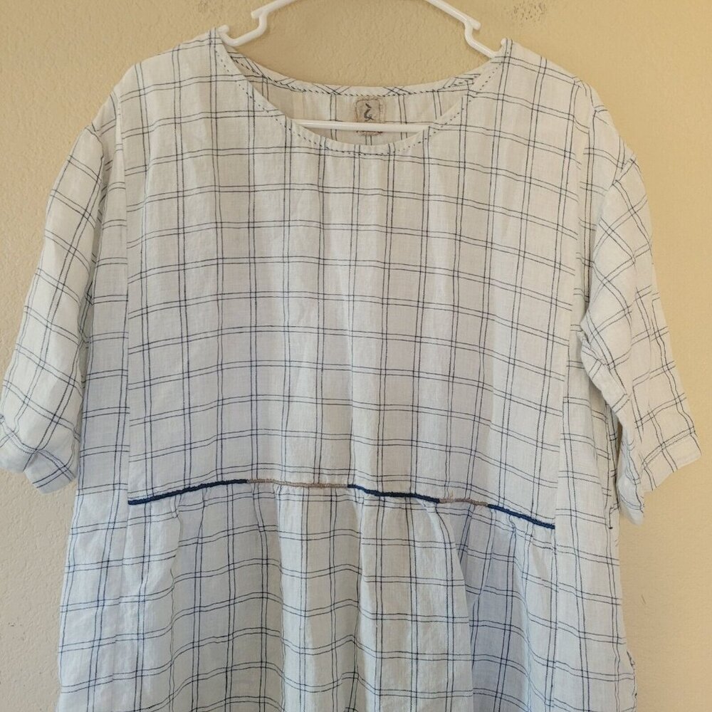 Relaxed White and Blue Check Midi Dress - Picture 2 of 10